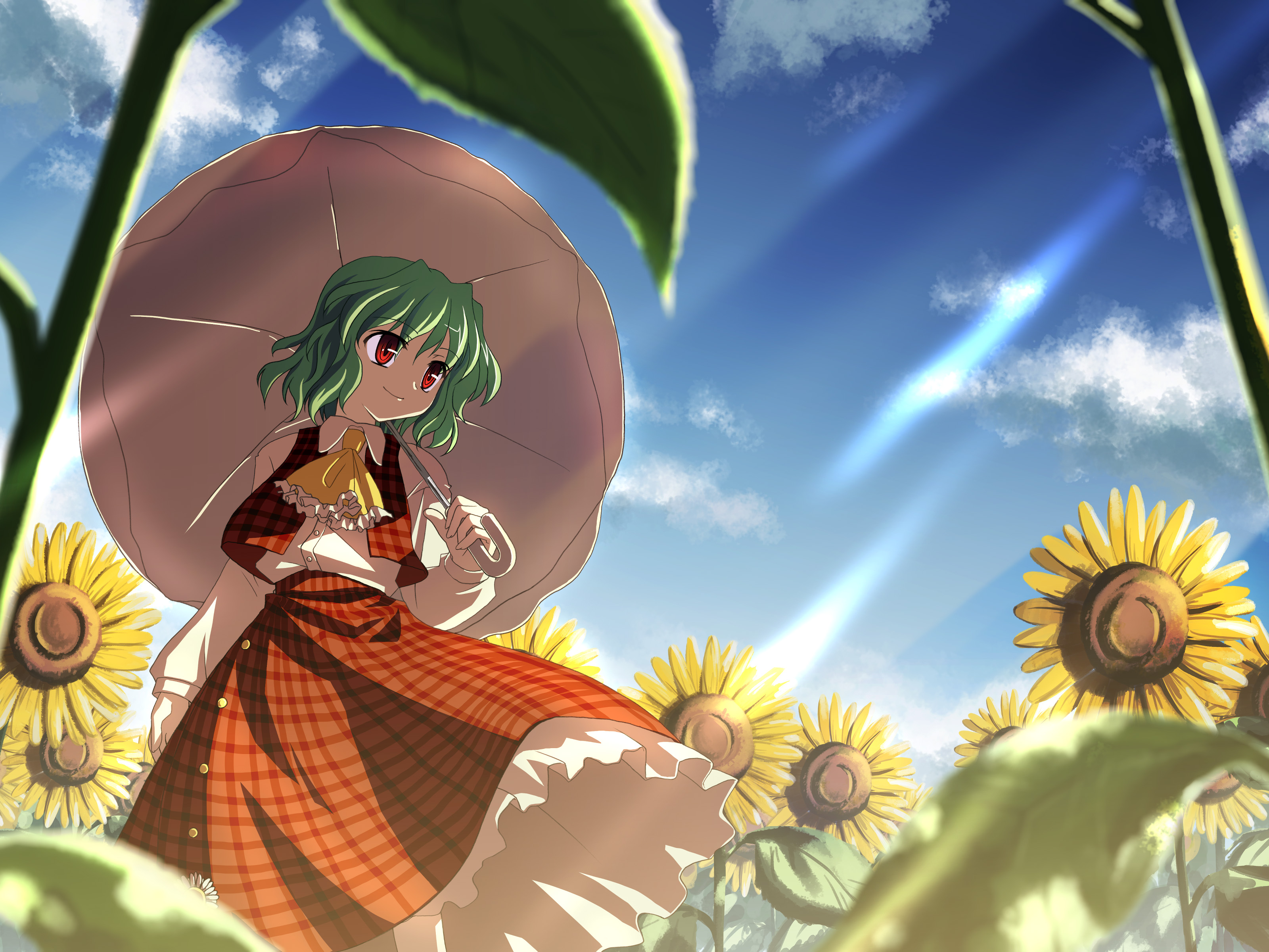 yuuki tatsuya, kazami yuuka, touhou, absurdres, highres, 1girl, anime coloring, ascot, day, dress, female focus, flower, green hair, light rays, outdoors, parasol, plaid clothes, plaid skirt, plaid vest, red eyes, short hair, skirt, skirt set, solo, sunbeam, sunflower, sunlight, umbrella, vest