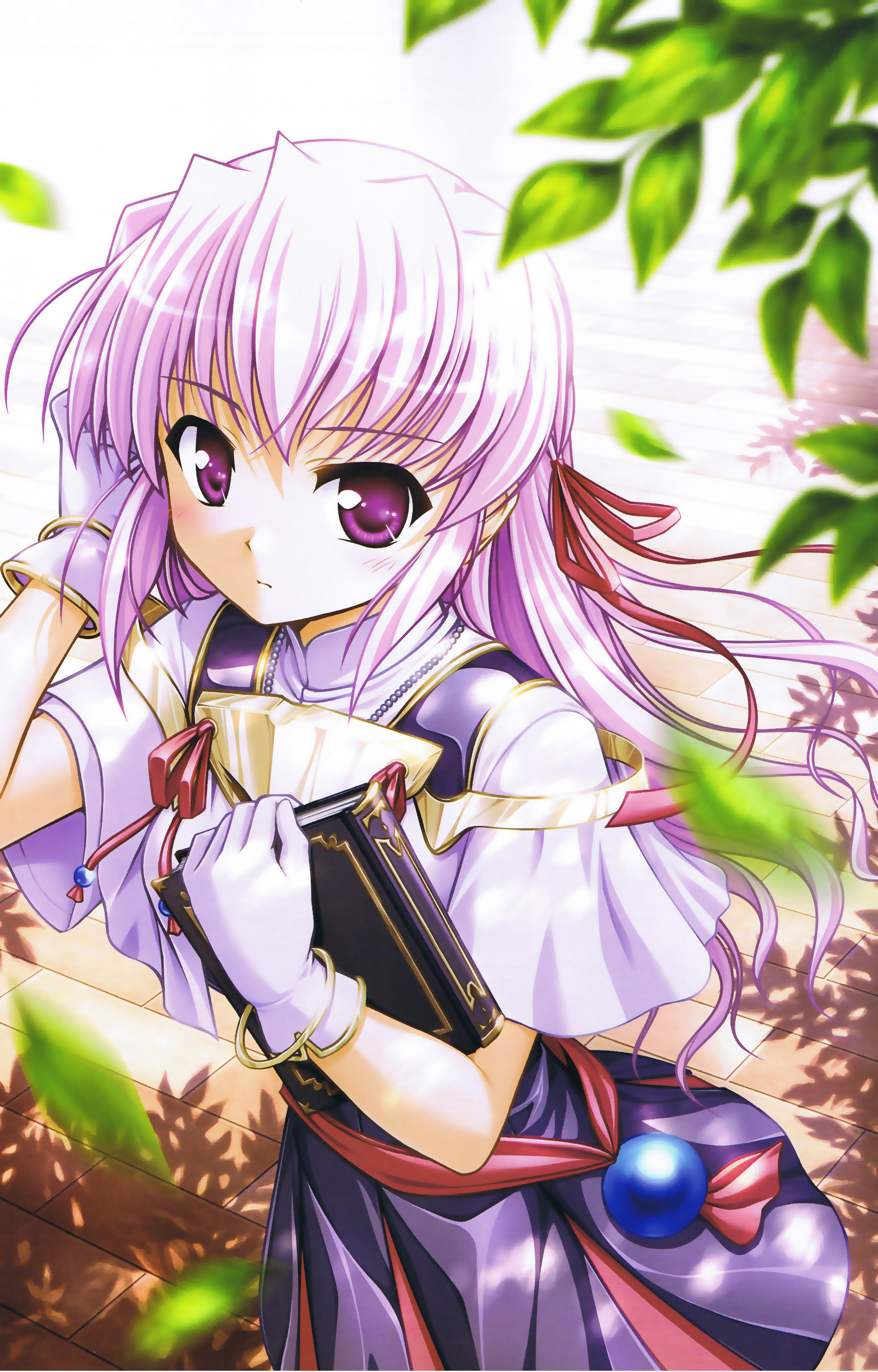 bekkankou, estel freesia, yoake mae yori ruri iro na, absurdres, highres, 1girl, adjusting hair, blush, book, bracelet, female focus, gloves, jewelry, long hair, outdoors, pink hair, purple eyes, ribbon, solo