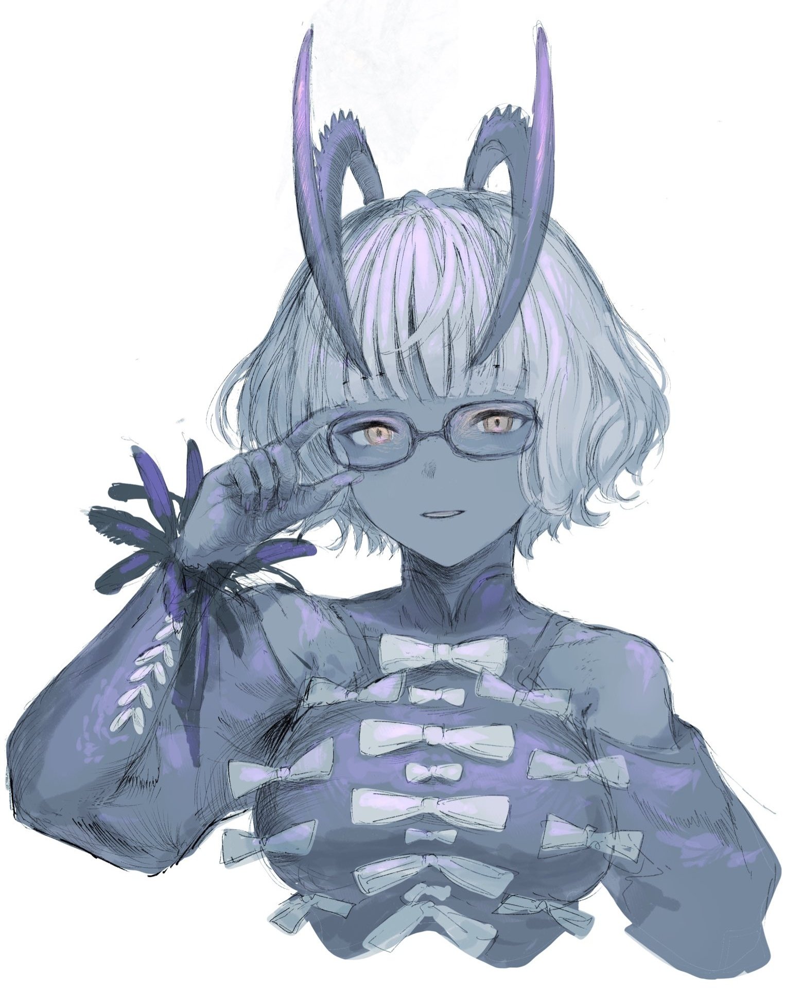 jacques de molay (foreigner) (fate), jacques de molay (foreigner) (third ascension) (fate), fate/grand order, fate (series), artist request, bad link, highres, source request, 1girl, adjusting eyewear, bow, clothing cutout, colored skin, dress bow, grey hair, grey skin, hand on own face, hand up, horns, light smile, looking at viewer, short hair, shoulder cutout, simple background, smile, solo, upper body, white background, white bow, yellow eyes