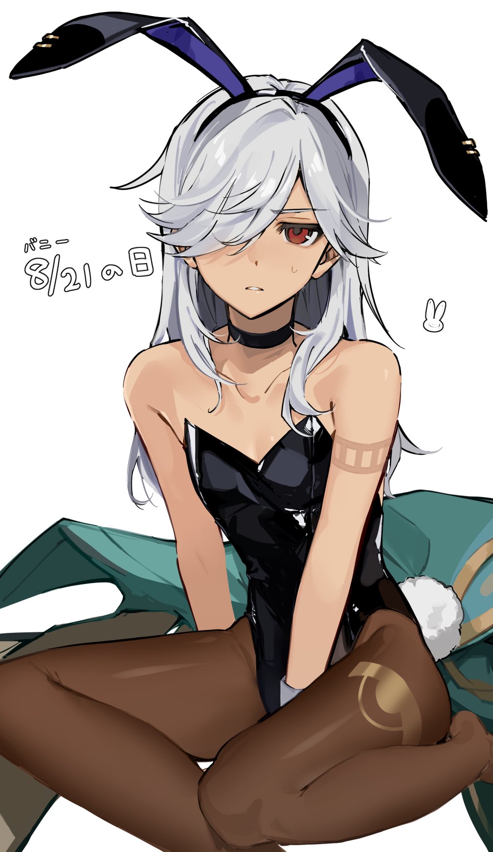 kaawaisann, cyno (genshin impact), genshin impact, highres, 1boy, alternate costume, animal ears, bare shoulders, between legs, black choker, black leotard, brown pantyhose, bunny day, choker, crossdressing, crossdressing (mtf), fake animal ears, fake tail, hair over one eye, hand between legs, leotard, long hair, looking at viewer, male focus, male playboy bunny, pantyhose, playboy bunny, rabbit ears, rabbit tail, red eyes, simple background, sitting, solo, strapless, strapless leotard, sweat, tail, trap, white background, white hair