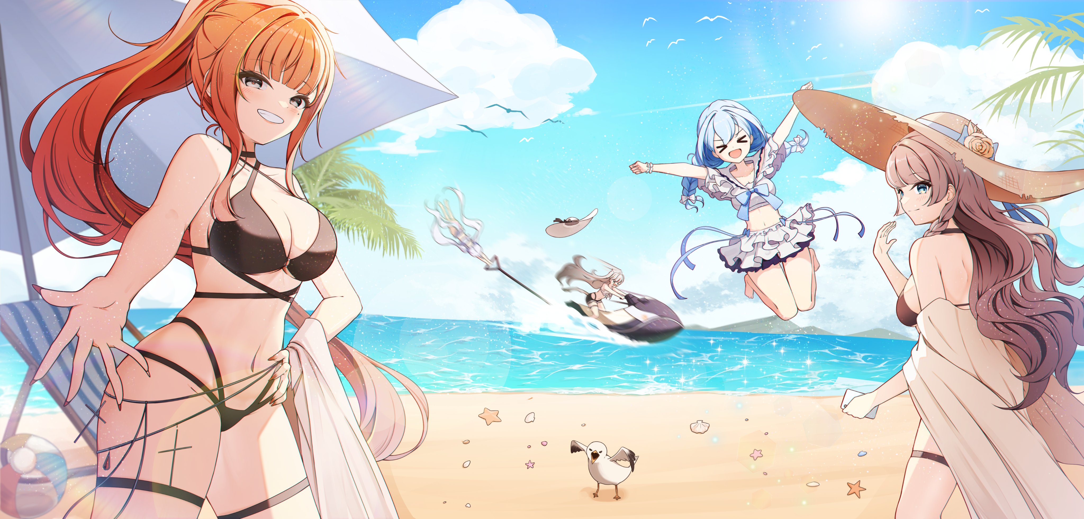gyeou lee, akane lize, arahashi tabi, ayatsuno yuni, neneko mashiro, shirayuki hina, stellive, braided twintails, absurdres, commentary request, highres, korean commentary, > <, 5girls, animal, ball, beach, beachball, bikini, bird, black bikini, blue hair, blue ribbon, blue sky, blunt sidelocks, braid, breasts, brown hair, cleavage, closed mouth, cloud, contrail, day, dot nose, fake nails, fingernails, floating hat, flower, frilled skirt, frills, grey eyes, grin, hand on own hip, hat, hat flower, hat ribbon, horizon, jet ski, jumping, long fingernails, long hair, long sidelocks, looking at viewer, motion blur, multi-strapped bikini bottom, multiple girls, navel, o-ring, o-ring bikini, ocean, open mouth, orange hair, outdoors, outstretched arms, outstretched hand, parasol, ponytail, ribbon, sand, seagull, seashell, sharp fingernails, shawl, shell, side braid, sidelocks, simple bird, skirt, sky, smile, spread arms, starfish, stomach, straw hat, sun, sun hat, swimsuit, thigh strap, twintails, umbrella, very long hair, virtual youtuber, watercraft, wavy hair, wavy mouth, white bird, white shawl, white skirt