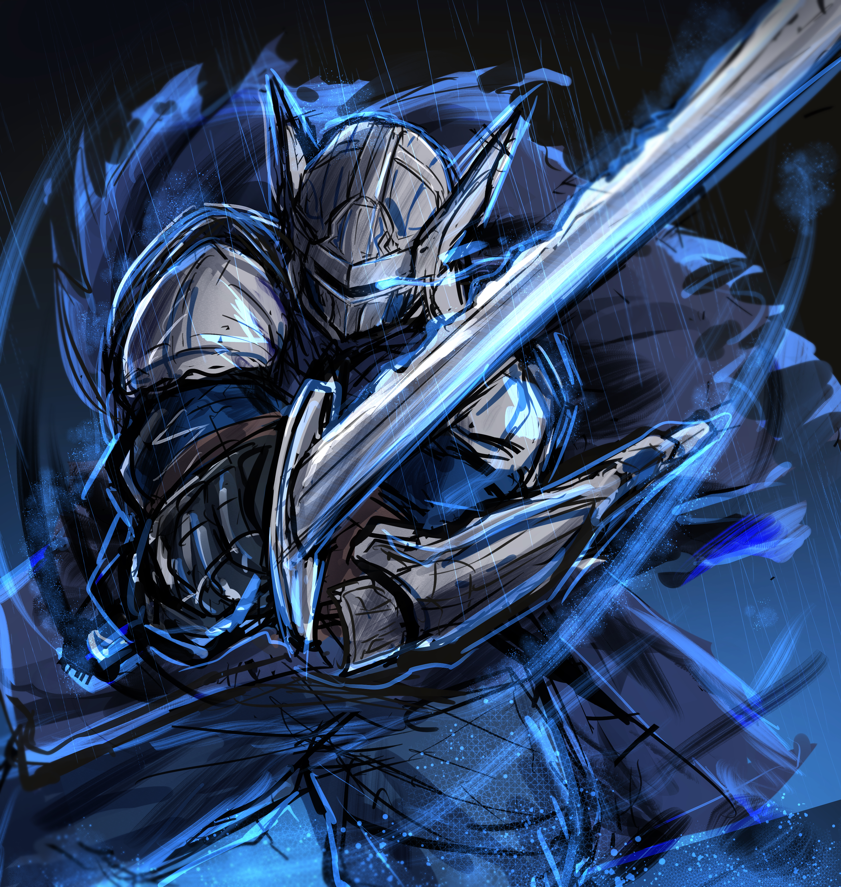 poni (poni arknights), wylder (elden ring), elden ring, elden ring nightreign, absurdres, commentary request, highres, 1boy, arm mounted weapon, armor, black background, blue cloak, blue surcoat, brown gloves, cloak, eye trail, fighting stance, gloves, glowing, glowing eye, gradient background, helmet, holding, holding sword, holding weapon, light particles, light trail, looking at viewer, plate armor, rain, solo, standing, sword, weapon, winged helmet