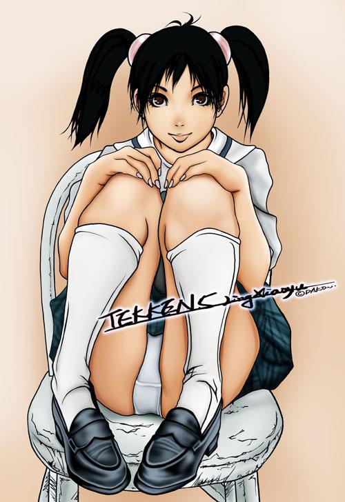 ling xiaoyu, tekken, chair, hugging own legs, knees to chest, on chair, panties, pantyshot, school uniform, serafuku, solo, twintails, underwear, upskirt