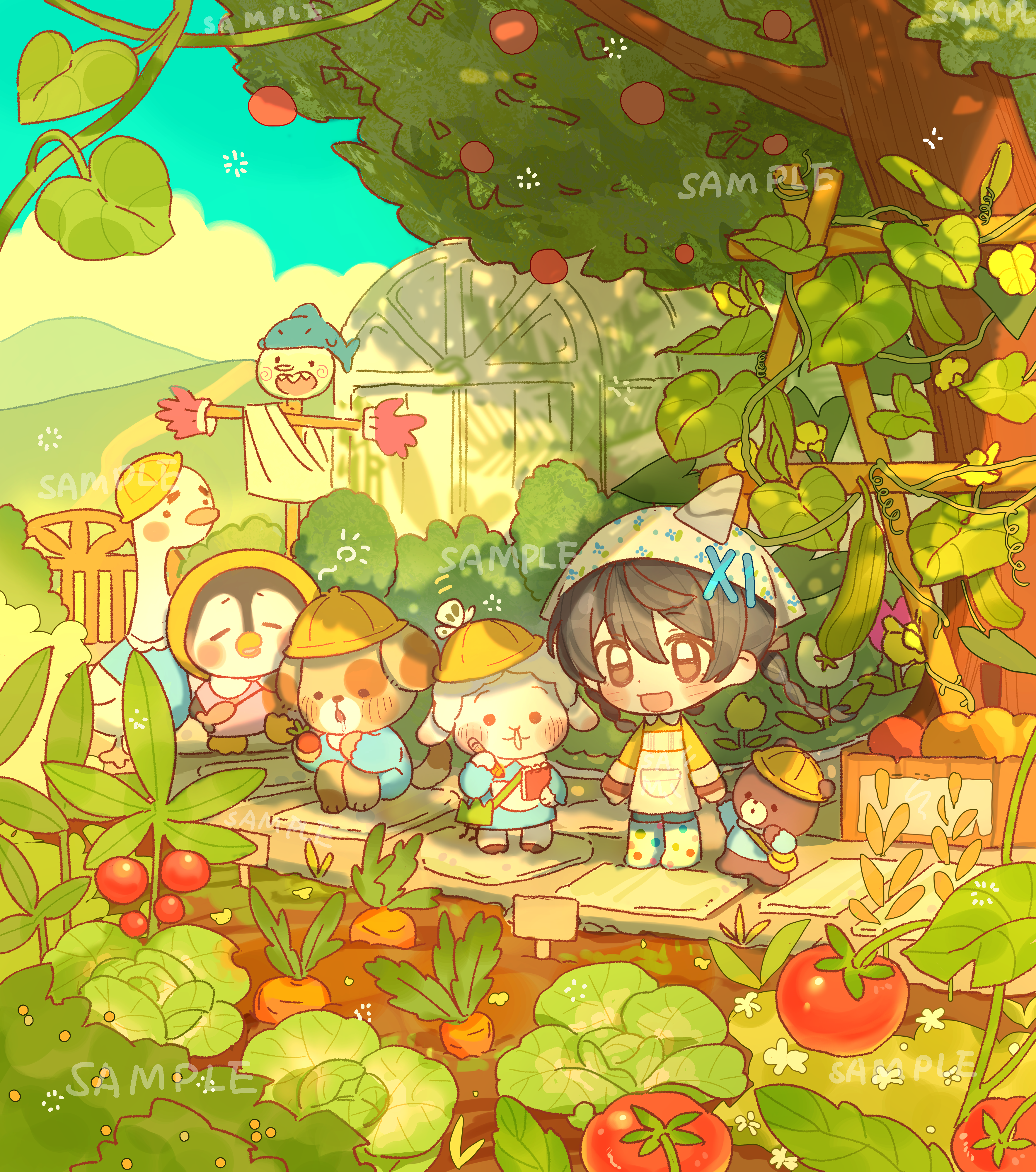 original, absurdres, highres, 1boy, 4others, :d, bai yang zi, bird, black hair, blue shirt, blush stickers, brown eyes, carrot, chibi, chibi only, collared shirt, contrast collar, day, dog, goose, hair between eyes, hat, kindergarten uniform, long sleeves, multiple others, open mouth, outdoors, penguin, pink shirt, sample watermark, scarecrow, school hat, sheep, shirt, short hair, smile, standing, stuffed animal, stuffed toy, teddy bear, tomato, tree, watermark, white hat, yellow hat