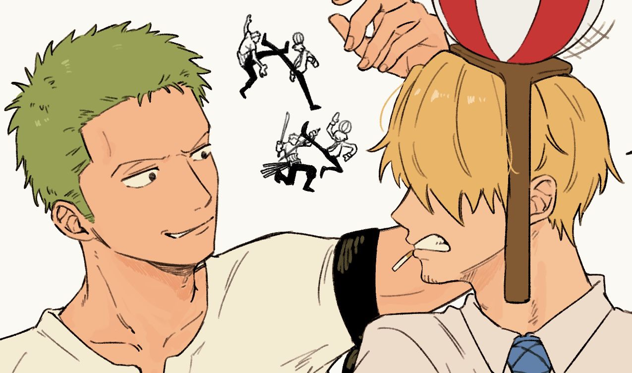 iqracha, roronoa zoro, sanji (one piece), one piece, 2boys, blonde hair, blue necktie, cigarette, collarbone, collared shirt, green hair, grimace, hat, looking at another, male focus, multiple boys, necktie, shirt, short hair, sideburns, simple background, smoking, white background, white shirt