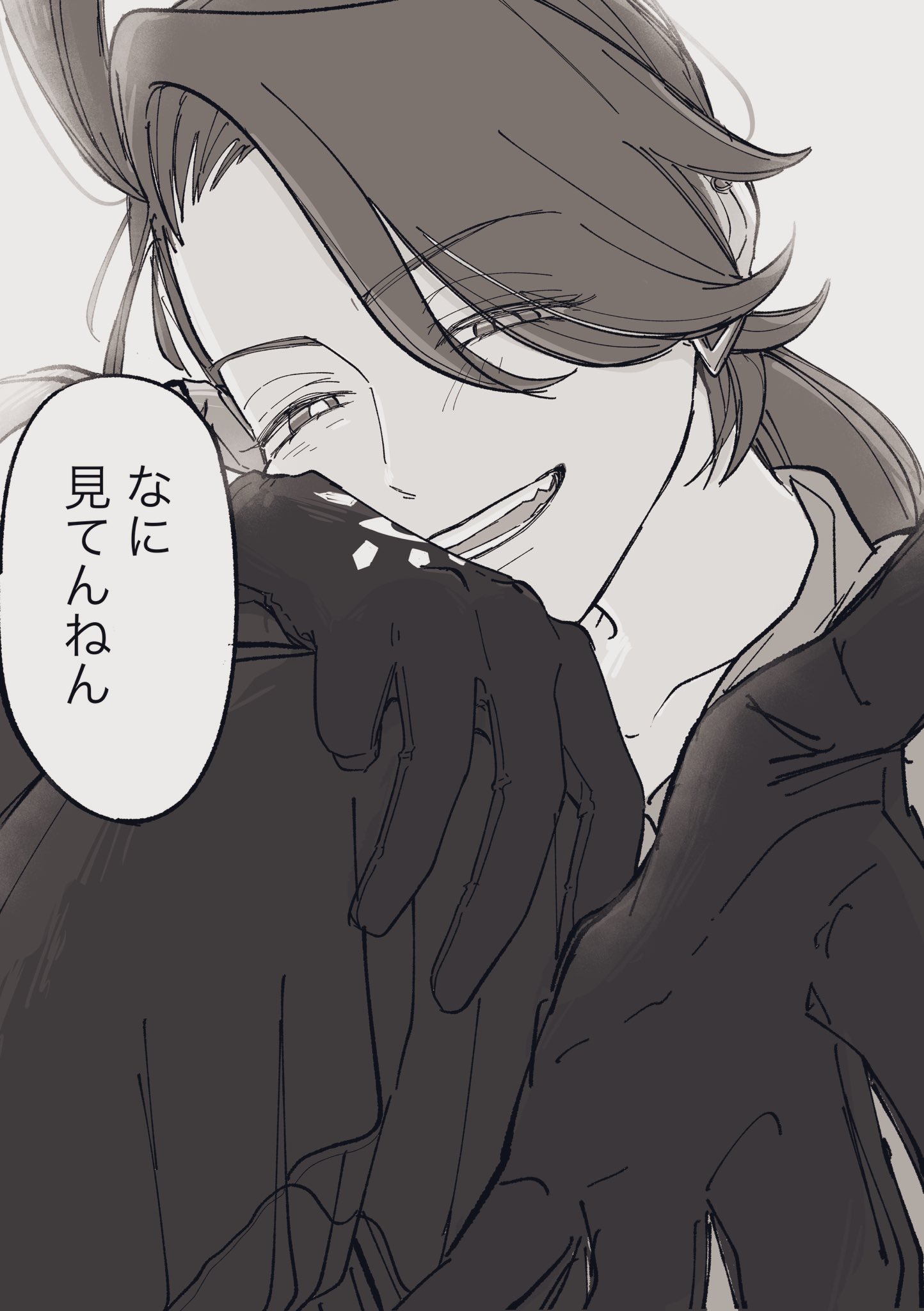 chili chan yade, rika (pokemon), nintendo, pokemon, highres, translated, 1girl, gloves, greyscale, long hair, looking at viewer, monochrome, ponytail, smirk, solo