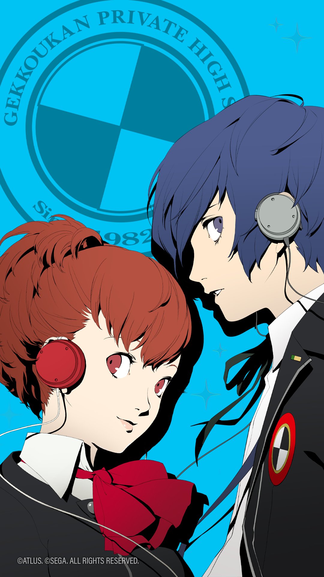 soejima shigenori, shiomi kotone, yuuki makoto (persona 3), persona, persona 3, persona 3 portable, highres, official art, 1boy, 1girl, black jacket, blue background, blue eyes, blue hair, brown hair, gekkoukan high school uniform, headphones, jacket, looking at viewer, red eyes, red ribbon, ribbon, school uniform, shirt, short hair, white shirt