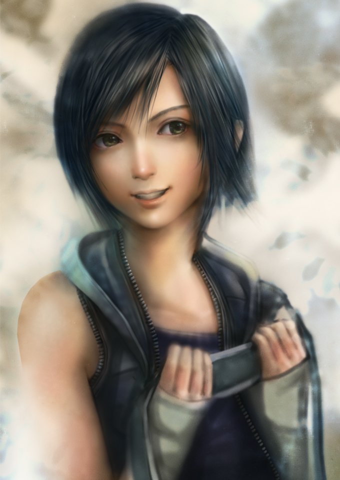 miche, yuffie kisaragi, final fantasy, final fantasy vii, final fantasy vii advent children, bad id, bad pixiv id, 00s, 1990s (style), 1girl, black hair, brown eyes, female focus, realistic, retro artstyle, smile, solo