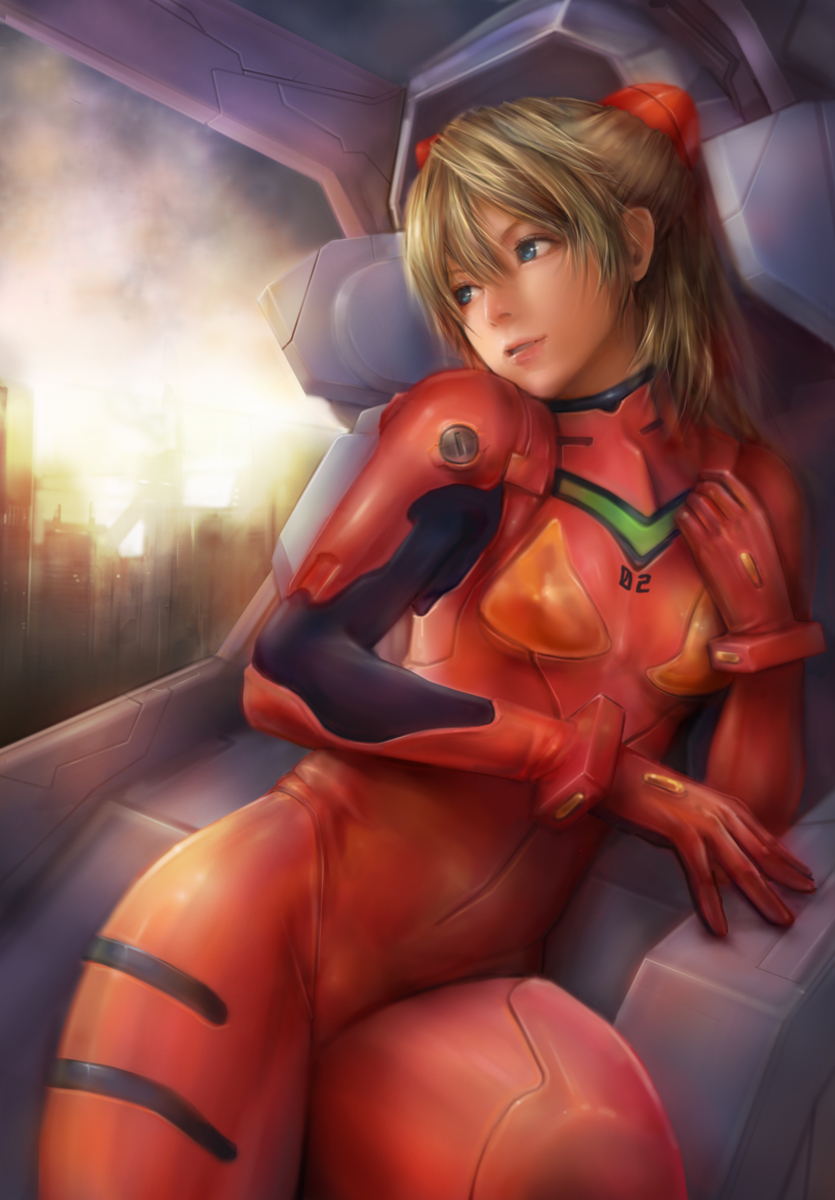 miche, souryuu asuka langley, neon genesis evangelion, bad id, bad pixiv id, highres, 1girl, blue eyes, bracer, brown hair, cockpit, cowboy shot, entry plug, female focus, hair between eyes, head tilt, leaning to the side, mecha pilot suit, parted bangs, plugsuit (evangelion), realistic, solo, thighs
