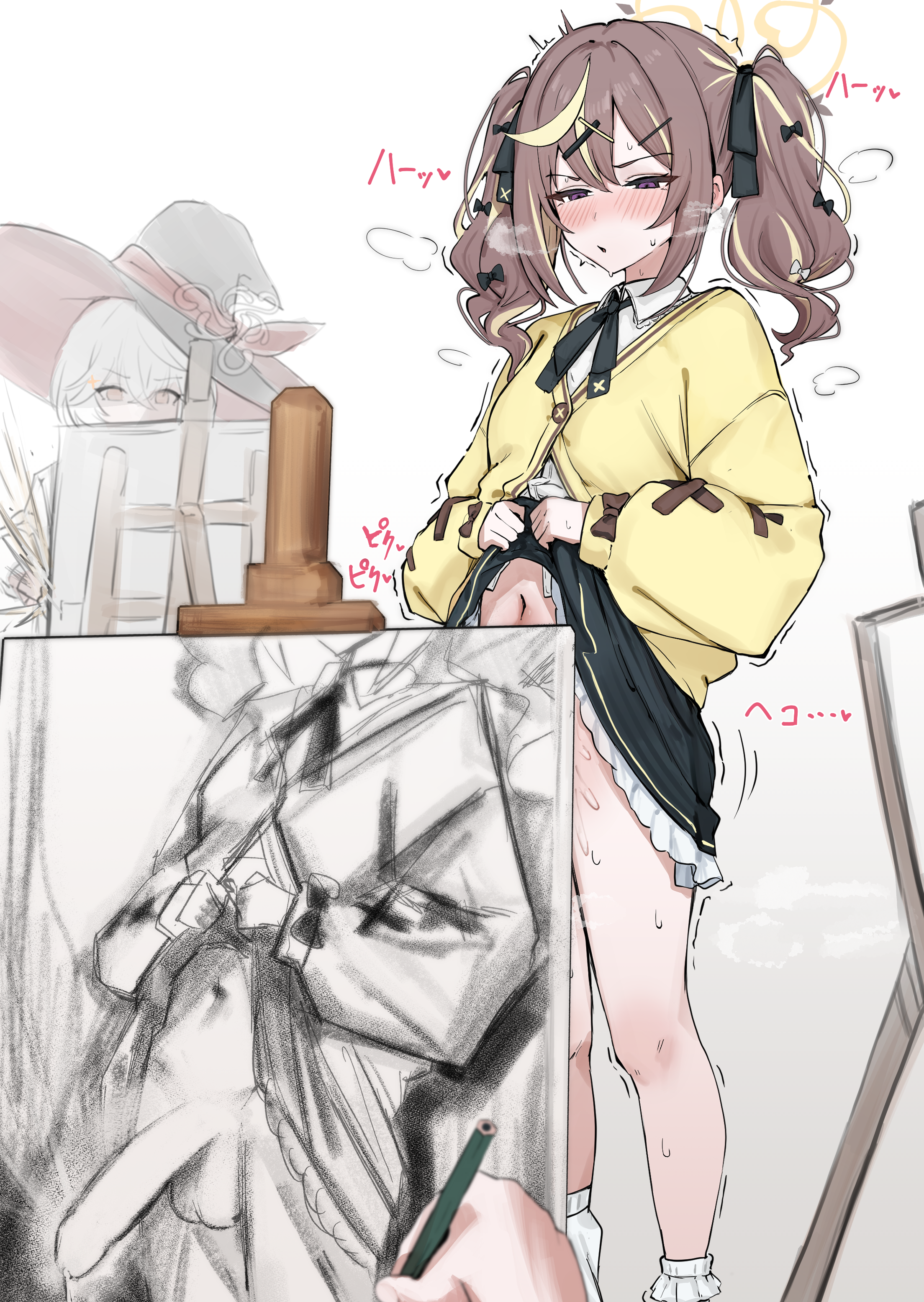 ubamaru, eri (blue archive), rena (blue archive), blue archive, absurdres, commentary request, highres, 2girls, black hat, blonde hair, blush, brown hair, drawing (object), futanari, gradient background, grey background, hat, holding, holding pencil, multicolored hair, multiple girls, navel, pencil, penis, testicles, two-tone hair, witch hat