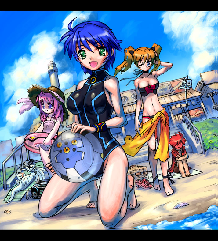 m ganzy, caro ru lushe, erio mondial, friedrich (nanoha), subaru nakajima, teana lanster, lyrical nanoha, mahou shoujo lyrical nanoha, mahou shoujo lyrical nanoha strikers, non-web source, 00s, 1boy, 3girls, adapted costume, ball, barefoot, beach, beachball, bikini, blue hair, blush, breasts, brown hair, cleavage, day, dragon, drink, feet, hugging own legs, impossible clothes, large breasts, medium breasts, midriff, multiple girls, one eye closed, orange hair, outdoors, pink hair, sarong, stereo, swimsuit, twintails, water
