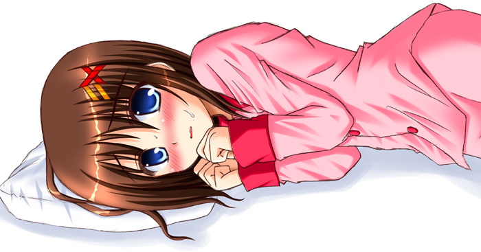 yagami hayate, lyrical nanoha, mahou shoujo lyrical nanoha, mahou shoujo lyrical nanoha a's, non-web source, 00s, 1girl, blue eyes, blush, brown hair, female focus, hair ornament, lying, pajamas, short hair, solo, x hair ornament