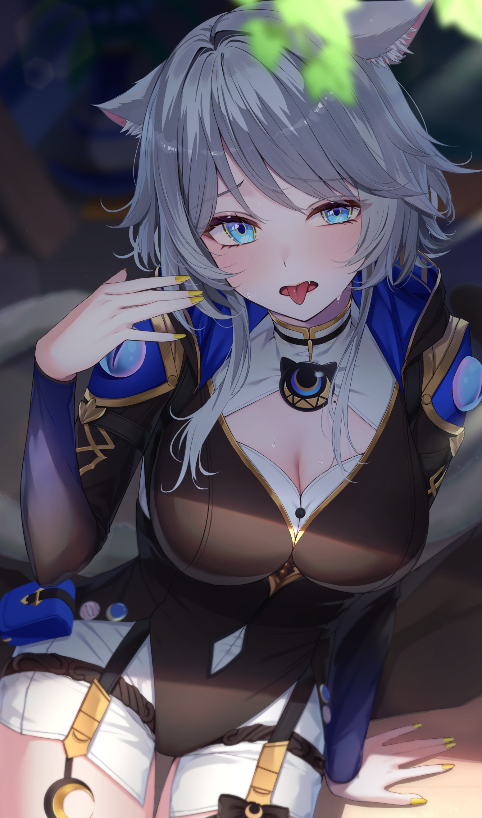 sakuno (sksk sakuno), cipher (honkai: star rail), honkai: star rail, honkai (series), absurdres, highres, 1girl, animal ear fluff, animal ears, arm support, blue eyes, breasts, cat ears, cat girl, cleavage, fang, grey hair, hand up, long sleeves, looking at viewer, outdoors, short hair with long locks, solo, sweat, tongue, tongue out, yellow nails