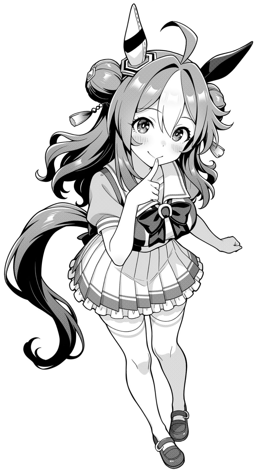 akagi koku, umamusume, highres, 1girl, ahoge, animal ears, blush, bow, closed mouth, double bun, ear covers, finger to mouth, greyscale, hair between eyes, hair bun, horse ears, horse girl, horse tail, long hair, looking at viewer, monochrome, pleated skirt, shirt, shoes, short sleeves, shushing, sidelocks, single ear cover, skirt, smile, solo, tail, thighhighs, zettai ryouiki