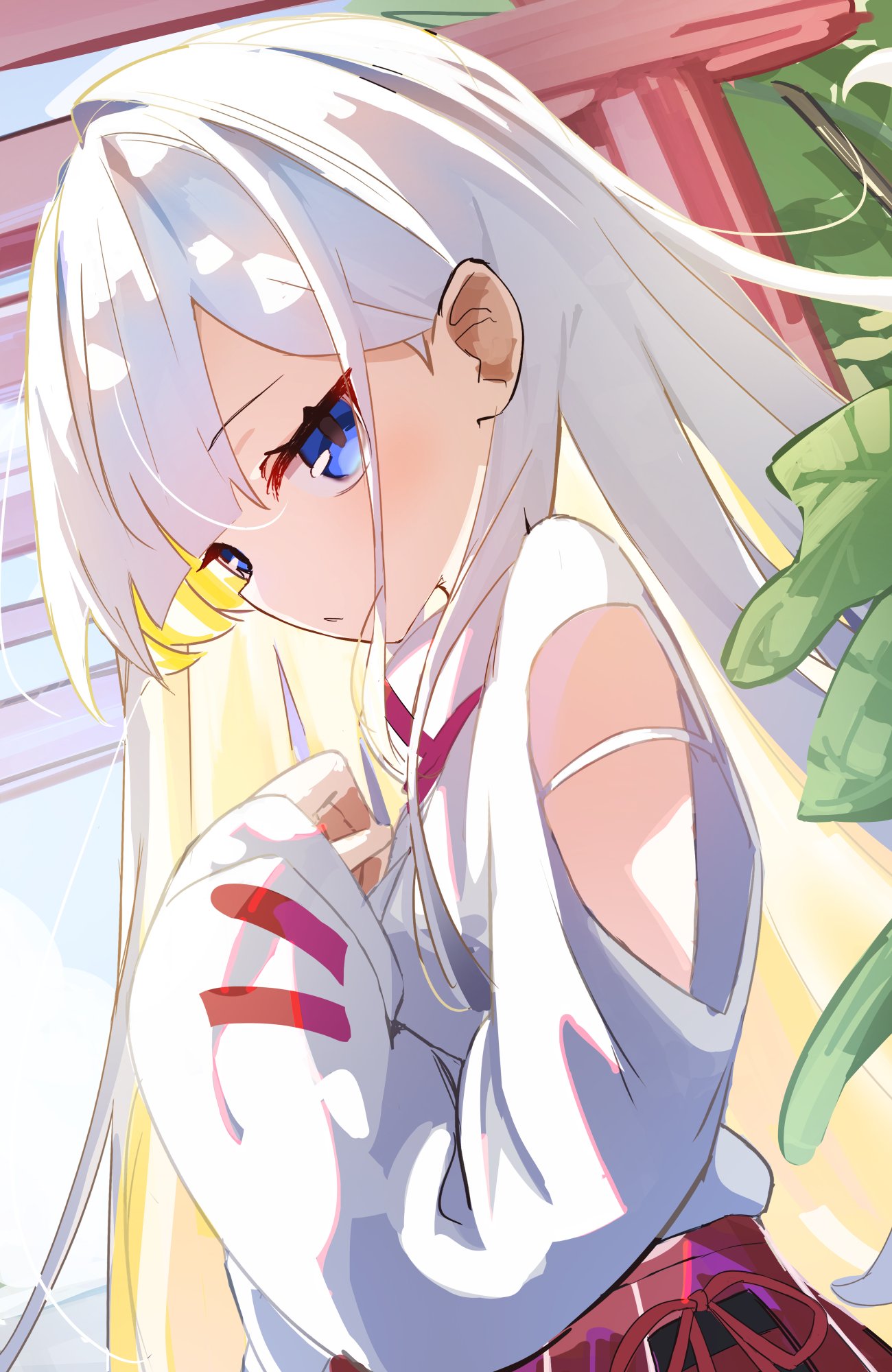 wep16night, original, highres, 1girl, blonde hair, blue eyes, closed mouth, clothing cutout, colored inner hair, japanese clothes, long hair, long sleeves, looking at viewer, miko, multicolored hair, red skirt, shirt, shoulder cutout, skirt, solo, torii, upper body, white hair, white shirt