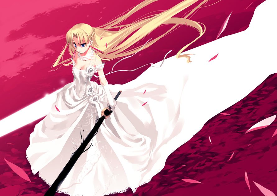 ishida akira, original, 1girl, blonde hair, blue eyes, breasts, bride, cleavage, dress, dual wielding, dutch angle, earrings, elbow gloves, female focus, gloves, holding, jewelry, long hair, small breasts, solo, sword, very long hair, weapon, wedding dress, wind