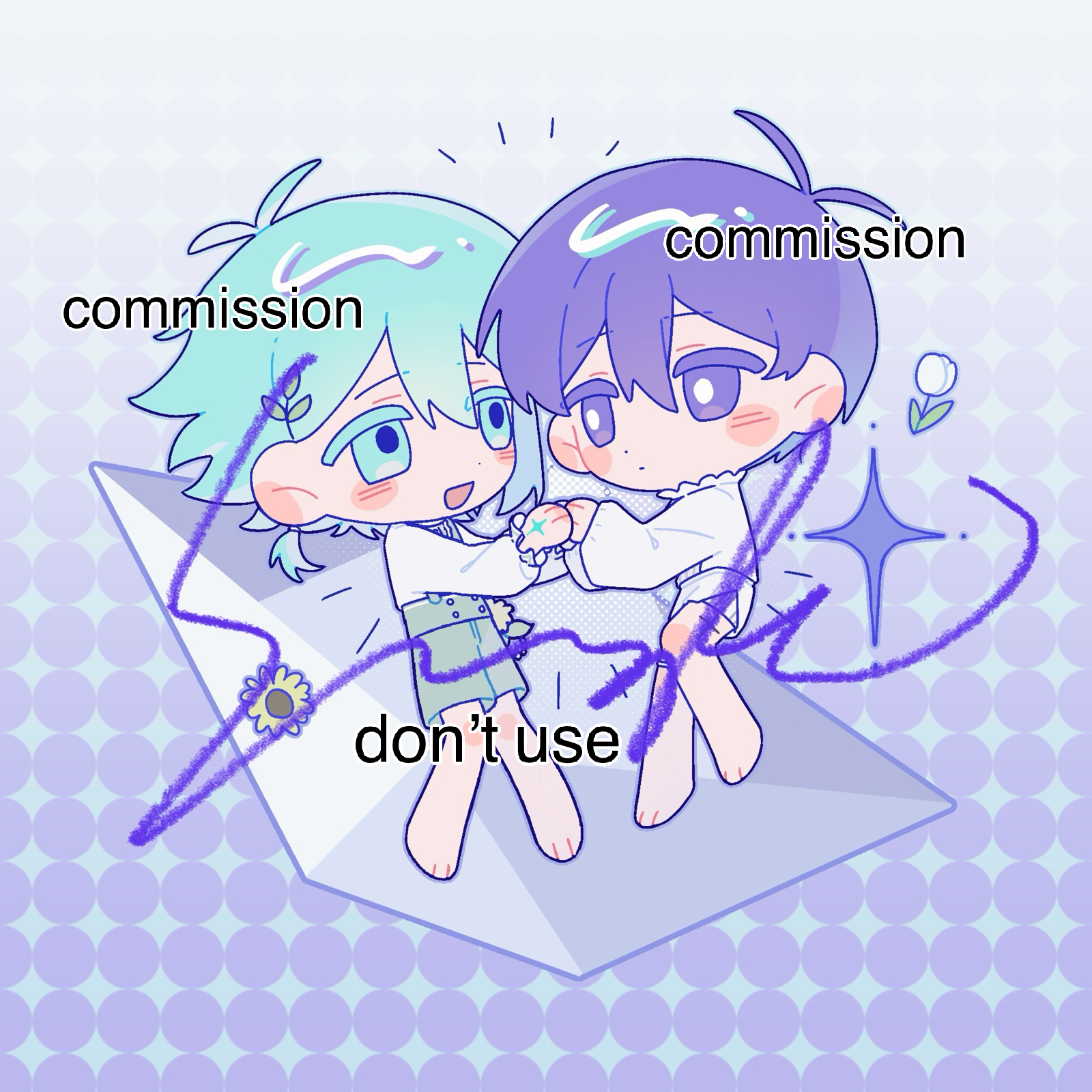 hrsw mz, basil (headspace) (omori), basil (omori), omori (omori), omori, chinese commentary, commentary request, commission, highres, 2boys, :d, alternate costume, alternate eye color, alternate hair color, alternate hairstyle, antenna hair, aqua eyes, aqua hair, barefoot, blue outline, bright pupils, buttons, chibi, chibi only, closed mouth, colored eyelashes, dot mouth, dot nose, double-breasted, double-parted bangs, fewer digits, flower, frilled shirt, frilled sleeves, frills, full body, green shorts, grey background, hair behind ear, hair between eyes, hair ornament, halftone, holding hands, knees together feet apart, leaf hair ornament, long sleeves, low ponytail, multiple boys, open mouth, outline, ponytail, puffy long sleeves, puffy sleeves, purple background, purple eyes, purple hair, shirt, short hair, short ponytail, short shorts, shorts, single sidelock, smile, sparkle background, sunflower, suspender shorts, suspenders, tulip, two-tone background, very short hair, watermark, white flower, white pupils, white shirt, white shorts, white tulip