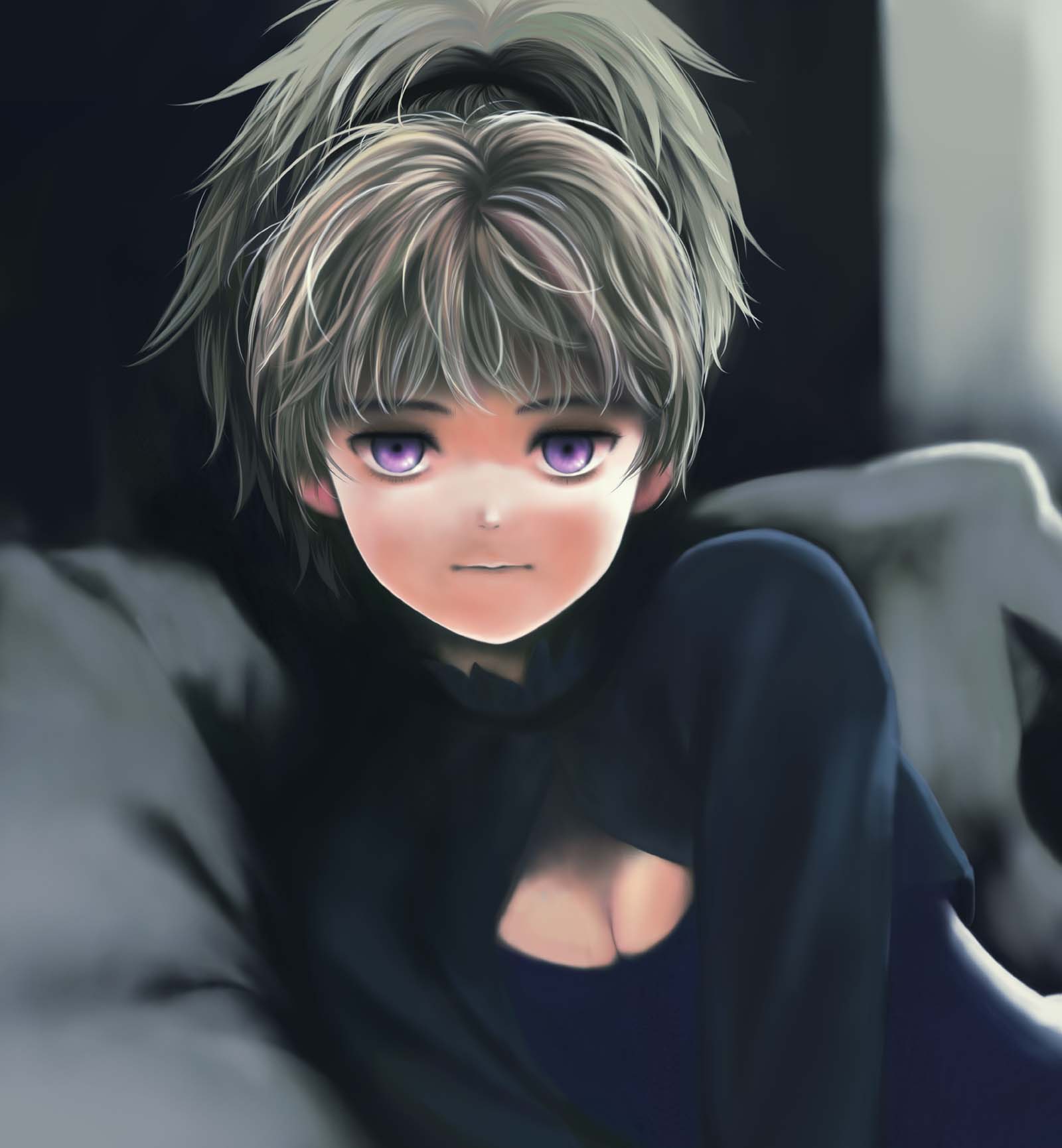 toshi hiroshi, yin (darker than black), darker than black, highres, 00s, 1girl, breasts, cleavage, cleavage cutout, clothing cutout, female focus, medium breasts, purple eyes, solo, white hair