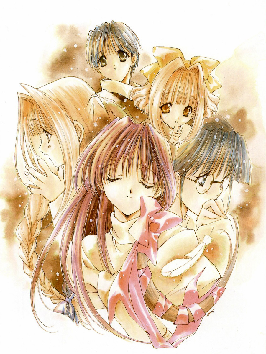 nanase aoi, kurimoto yukina, kusunoki hatsumi, ouse chinami, tachibana urara, teramoto tanpopo, angel flavor, seraphim call, artbook, highres, official art, 1990s (style), 5girls, bow, braid, closed eyes, feathers, glasses, hair bow, multiple girls, retro artstyle, round eyewear