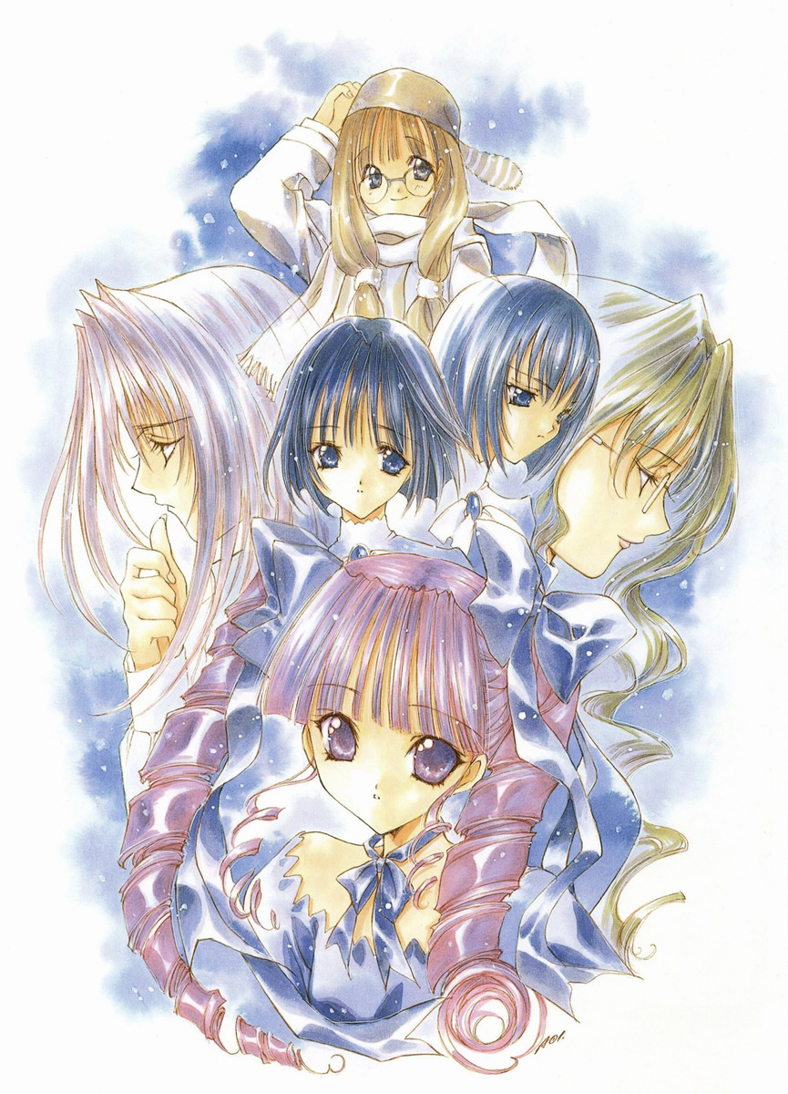 nanase aoi, hiiragi saeno, kurenai kasumi, matsumoto kurumi, murasame sakura, murasame shion, rindou ayaka, angel flavor, seraphim call, artbook, highres, official art, 1990s (style), 6+girls, bow, drill hair, glasses, hair bow, hat, multiple girls, retro artstyle, scarf, twintails