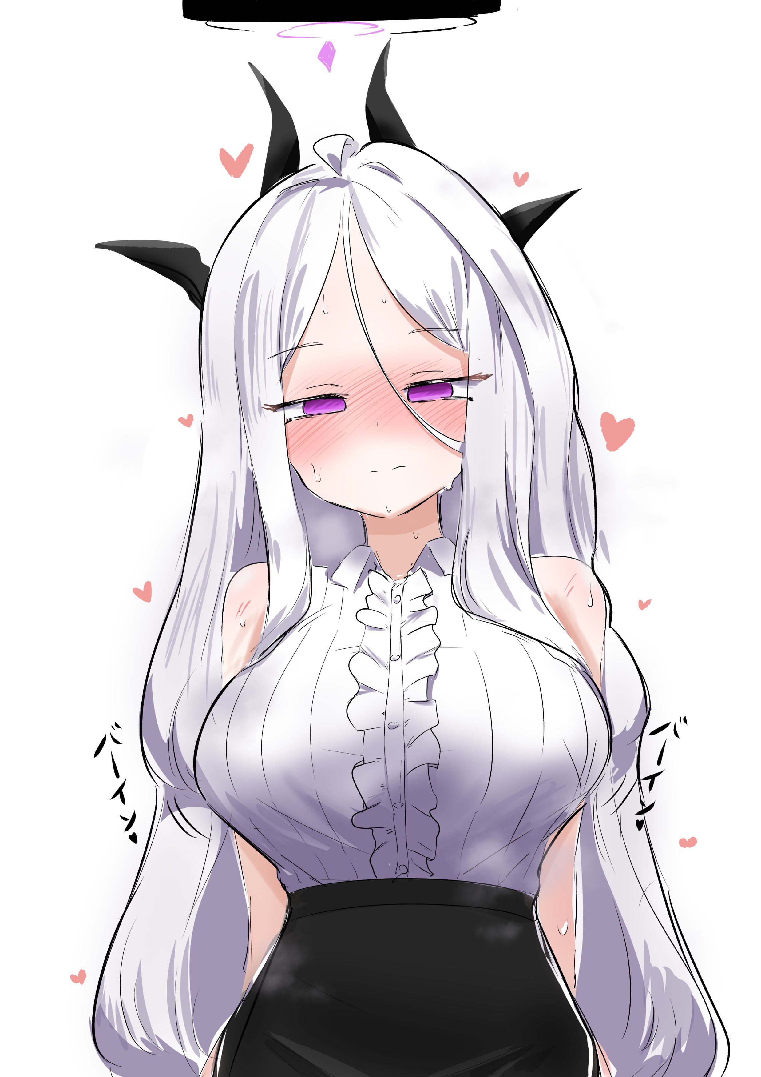 zenome leon, hina (blue archive), blue archive, absurdres, highres, 1girl, ahoge, alternate breast size (larger), black halo, black skirt, breasts, demon girl, demon horns, halo, heart, horns, large breasts, long hair, purple eyes, simple background, skirt, solo, very long hair, white background, white hair