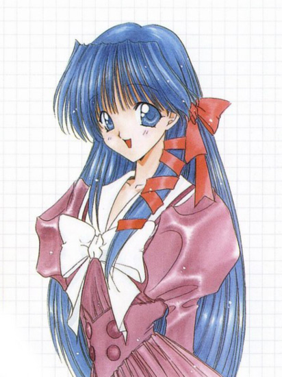 nanase aoi, tachibana urara, angel flavor, seraphim call, artbook, official art, 1990s (style), 1girl, blue eyes, blue hair, bow, female focus, hair bow, hair ribbon, long hair, matching hair/eyes, puffy sleeves, retro artstyle, ribbon, school uniform, serafuku, solo, tress ribbon, white background