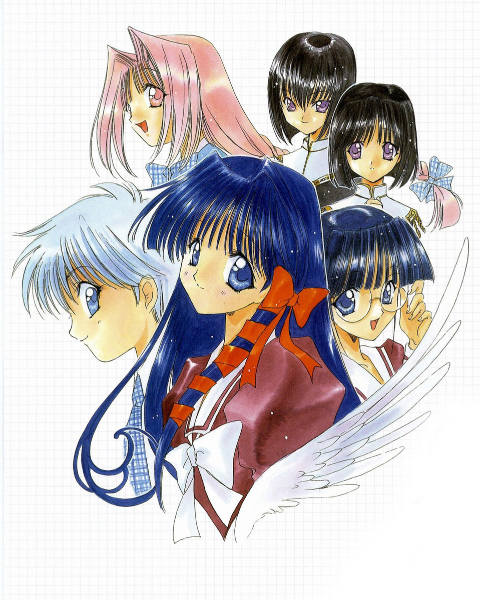 nanase aoi, kurimoto yukina, kusunoki hatsumi, murasame sakura, murasame shion, ouse chinami, tachibana urara, angel flavor, seraphim call, artbook, highres, 1990s (style), 6+girls, bow, braid, glasses, hair bow, multiple girls, necktie, retro artstyle, round eyewear, school uniform, serafuku, white background, wings