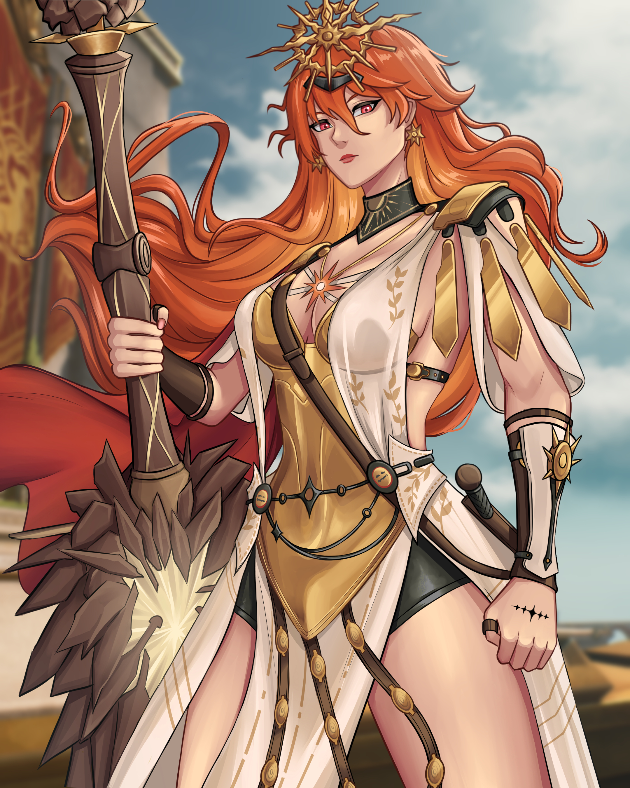 sweet3wolf, augusta (wuthering waves), wuthering waves, absurdres, commentary, english commentary, highres, 1girl, ancient greek clothes, arm armor, armor, black collar, blue sky, breastplate, breasts, clenched hand, closed mouth, collar, cowboy shot, dress, earrings, greatsword, greco-roman clothes, hair between eyes, headgear, holding, holding sword, holding weapon, jewelry, long hair, looking at viewer, medium breasts, orange hair, outdoors, red eyes, sky, solo, sun earrings, sun necklace, sword, tacet mark (wuthering waves), thighs, weapon, white dress