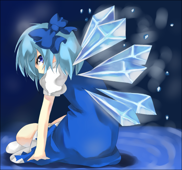 cirno, embodiment of scarlet devil, touhou, 1girl, blue bow, blue dress, blue eyes, blue hair, bow, dress, female focus, flat chest, full body, ice, ice wings, looking at viewer, puffy short sleeves, puffy sleeves, short hair, short sleeves, sitting, solo, white sleeves, wings