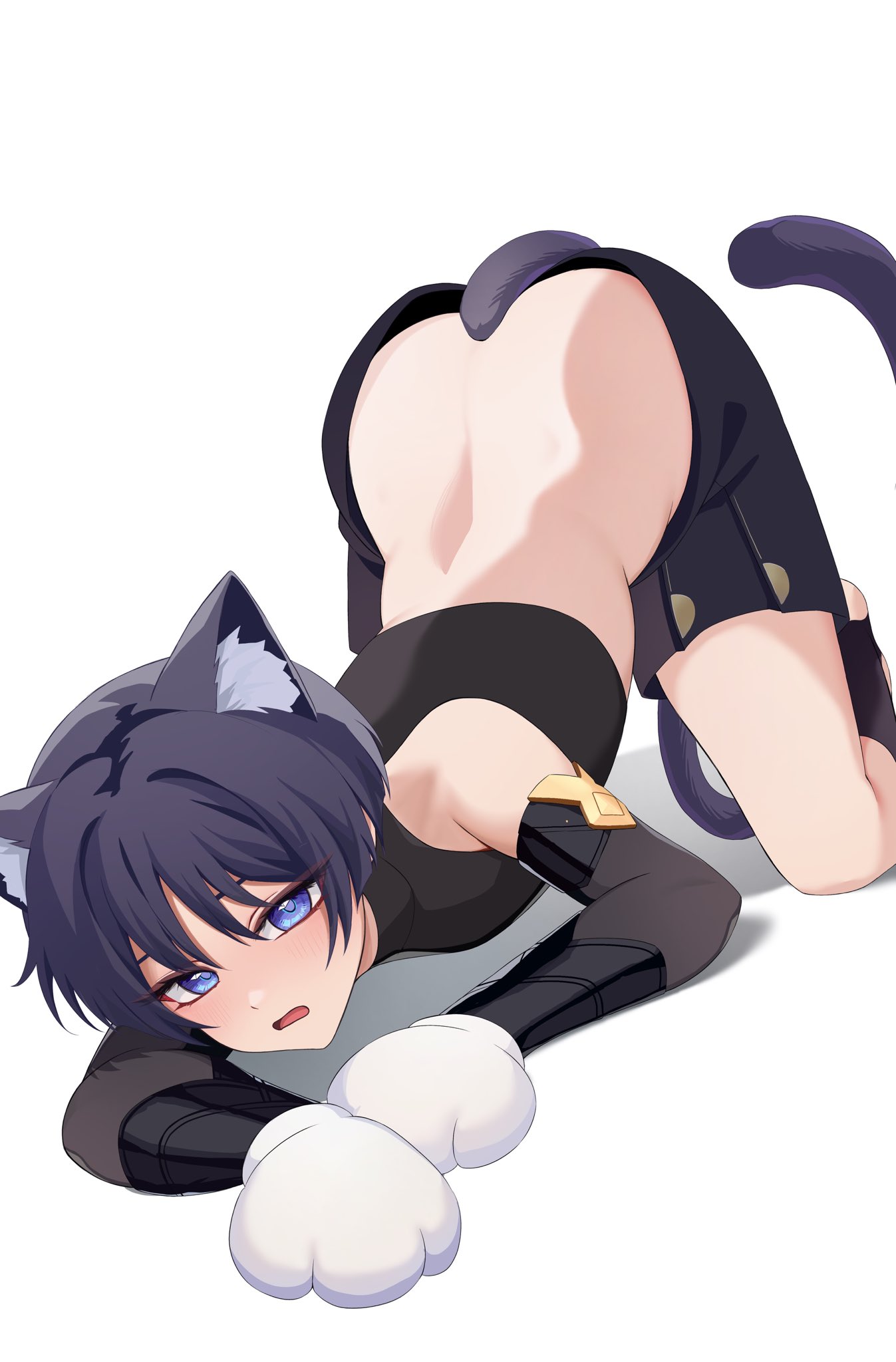 chobonu, scaramouche (genshin impact), genshin impact, highres, 1boy, animal ear fluff, animal ears, animal hands, ass, back, black hair, black shorts, black sleeves, black tail, blue eyes, blush, cat boy, cat ears, cat tail, crop top, gloves, hair between eyes, kemonomimi mode, looking at viewer, male focus, open mouth, short hair, shorts, solo, tail, white background, white gloves