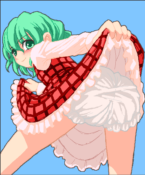 kazami yuuka, mystic square, touhou, touhou (pc-98), 1girl, bloomers, clothes lift, female focus, from behind, green eyes, green hair, looking back, matching hair/eyes, plaid clothes, plaid skirt, plaid vest, short hair, skirt, skirt lift, skirt set, solo, underwear, vest, white bloomers