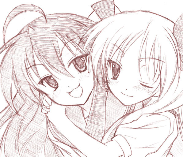 hiiragi kagami, izumi konata, lucky star, non-web source, 00s, 2girls, hug, mole, mole under eye, monochrome, multiple girls, one eye closed, red theme, sketch, wink