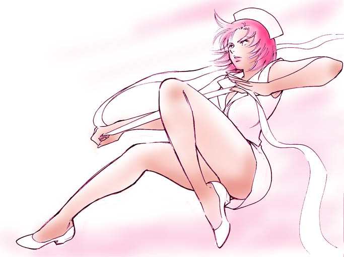 cap white, elite beat agents, osu! tatakae! ouendan, 1girl, bandages, female focus, hat, high heels, nurse, nurse cap, pink hair, pink theme, ribbon, shoes, short hair, solo
