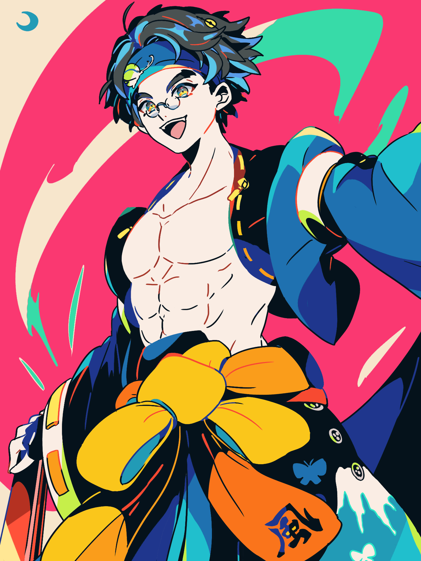 mizuki tsukimori, mito anji, guilty gear, commentary request, highres, 1boy, bare pectorals, collarbone, glasses, headband, looking at viewer, male focus, open mouth, outstretched arms, pectorals, pince-nez, short hair, solo, spread arms, toned, toned male, vest