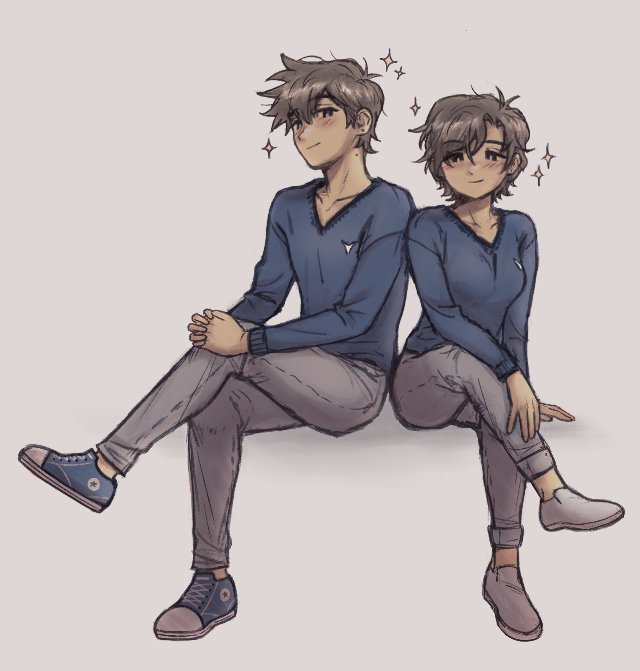 r3dhands, setosexual, hero (faraway) (omori), hero (omori), omori, artist collaboration, commentary, english commentary, highres, 1boy, 1girl, antenna hair, arm support, back-to-back, black eyes, blue shirt, blue shoes, blush, breasts, bright pupils, brown hair, closed mouth, collarbone, crossed legs, curtained hair, denim, double-parted bangs, dual persona, full body, genderswap, genderswap (mtf), grey background, grey pants, hair between eyes, hands on own knee, interlocked fingers, invisible chair, jeans, long sleeves, looking at viewer, medium breasts, no sclera, own hands clasped, own hands together, pants, shirt, shoelaces, shoes, short hair, simple background, sitting, smile, sparkle, star (symbol), v-neck, white pupils, white shoes