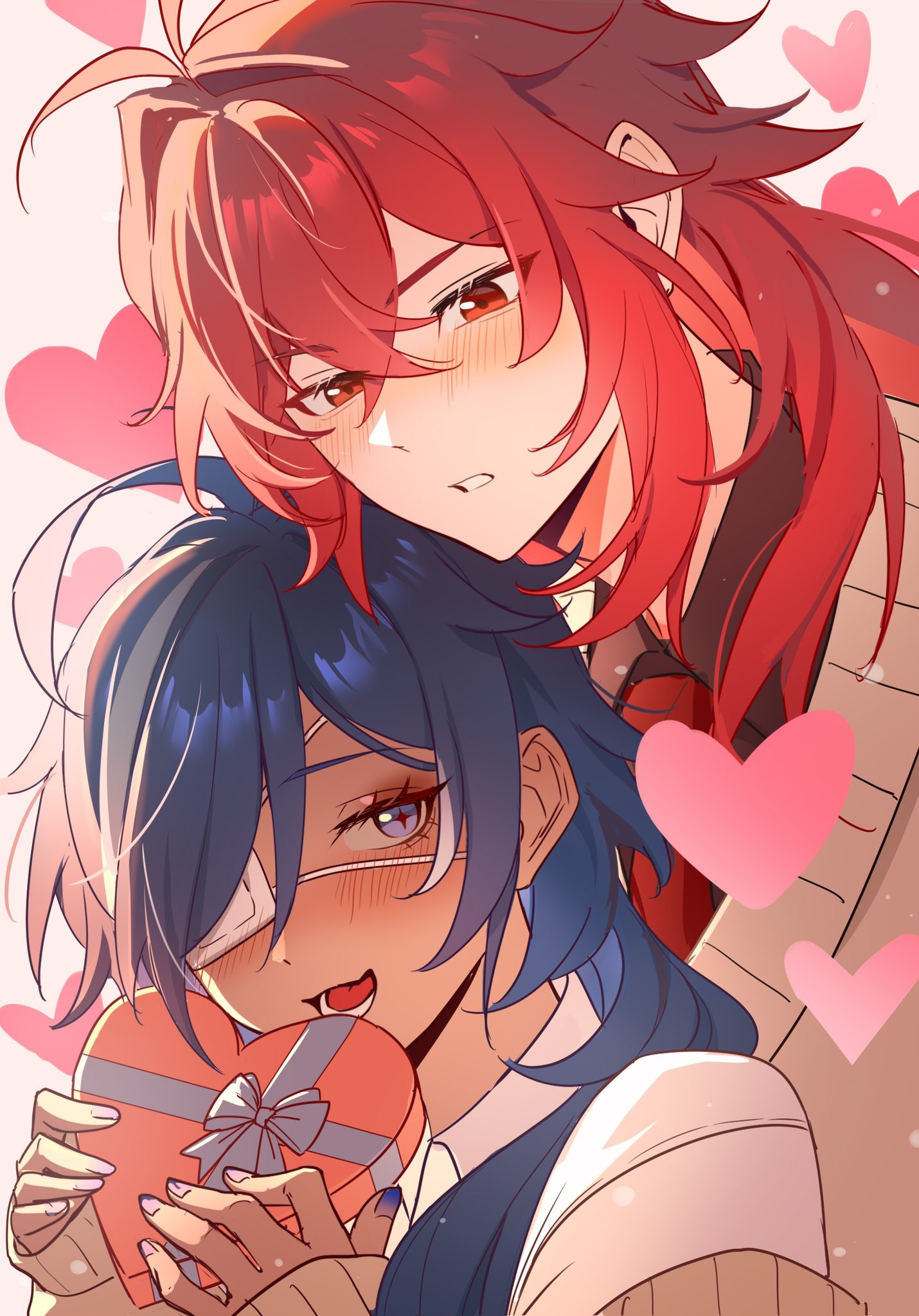 sabakuyoru, diluc (genshin impact), kaeya (genshin impact), genshin impact, highres, 1boy, 1girl, blue eyes, blue hair, blue nails, blush, box, brown shirt, brown sweater, dark-skinned female, dark skin, eyepatch, genderswap, genderswap (mtf), hair between eyes, heart, heart-shaped box, holding, holding box, long hair, multicolored hair, necktie, open mouth, red eyes, red hair, red necktie, shirt, smile, sweater, valentine