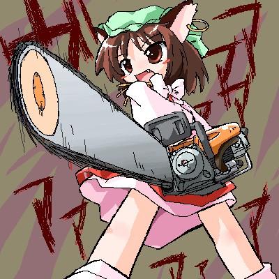 chen, touhou, artist request, duplicate, lowres, 1girl, animal ears, brown eyes, brown hair, cat ears, cat girl, chainsaw, fang, female focus, hat, oekaki, solo