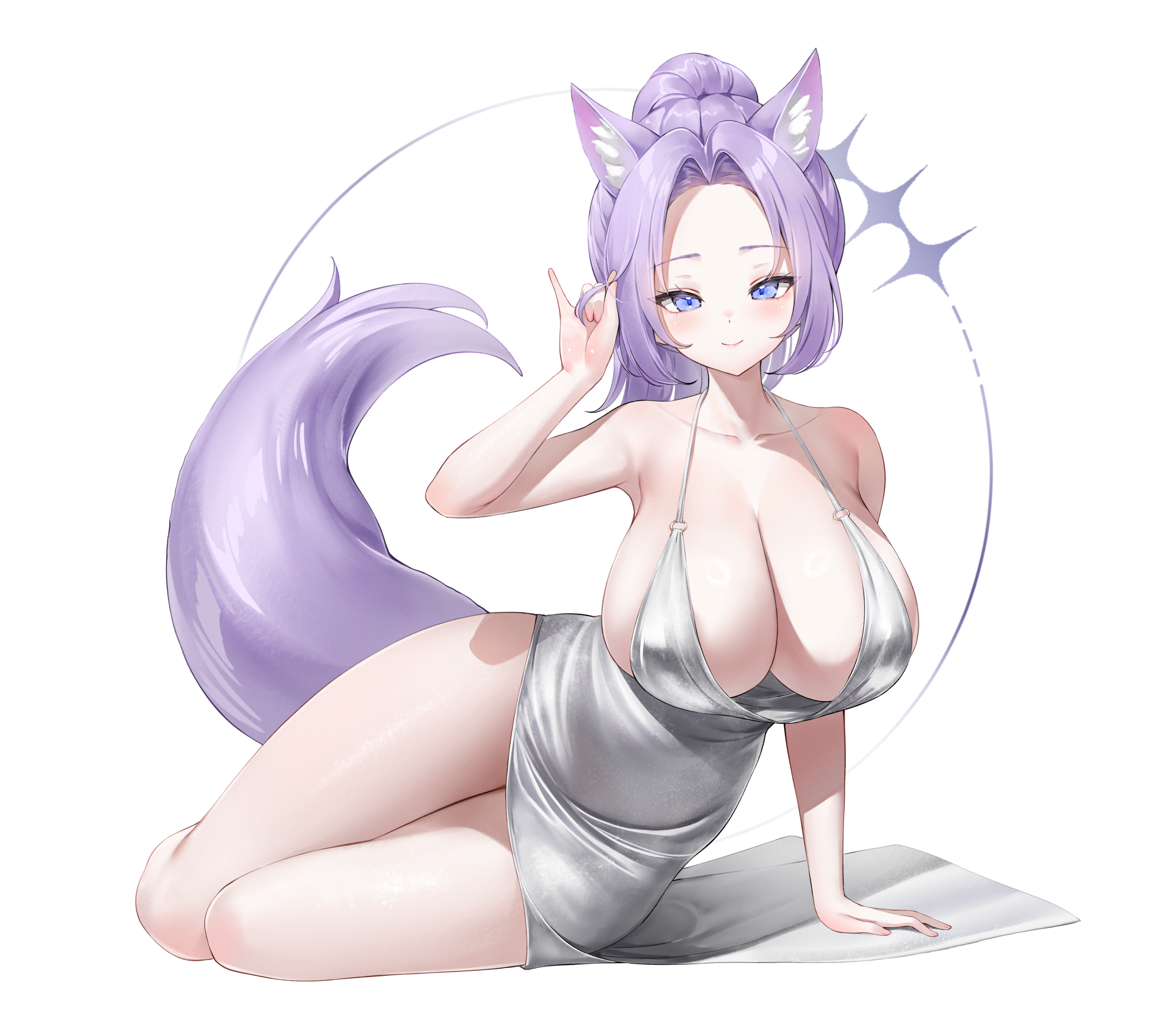 keibeam, original, absurdres, commentary request, commission, highres, korean commentary, second-party source, 1girl, m/, animal ear fluff, animal ears, arm support, bare shoulders, blue eyes, blush, breasts, cleavage, closed mouth, cocktail dress, collarbone, curtained hair, dress, forehead, halter dress, halterneck, hand up, large breasts, large tail, long hair, long sleeves, lying, nail polish, o-ring, o-ring dress, o-ring top, pink nails, purple hair, sideboob, sidelocks, silver dress, simple background, smile, solo, star (symbol), tail, thighs, very long hair, white background