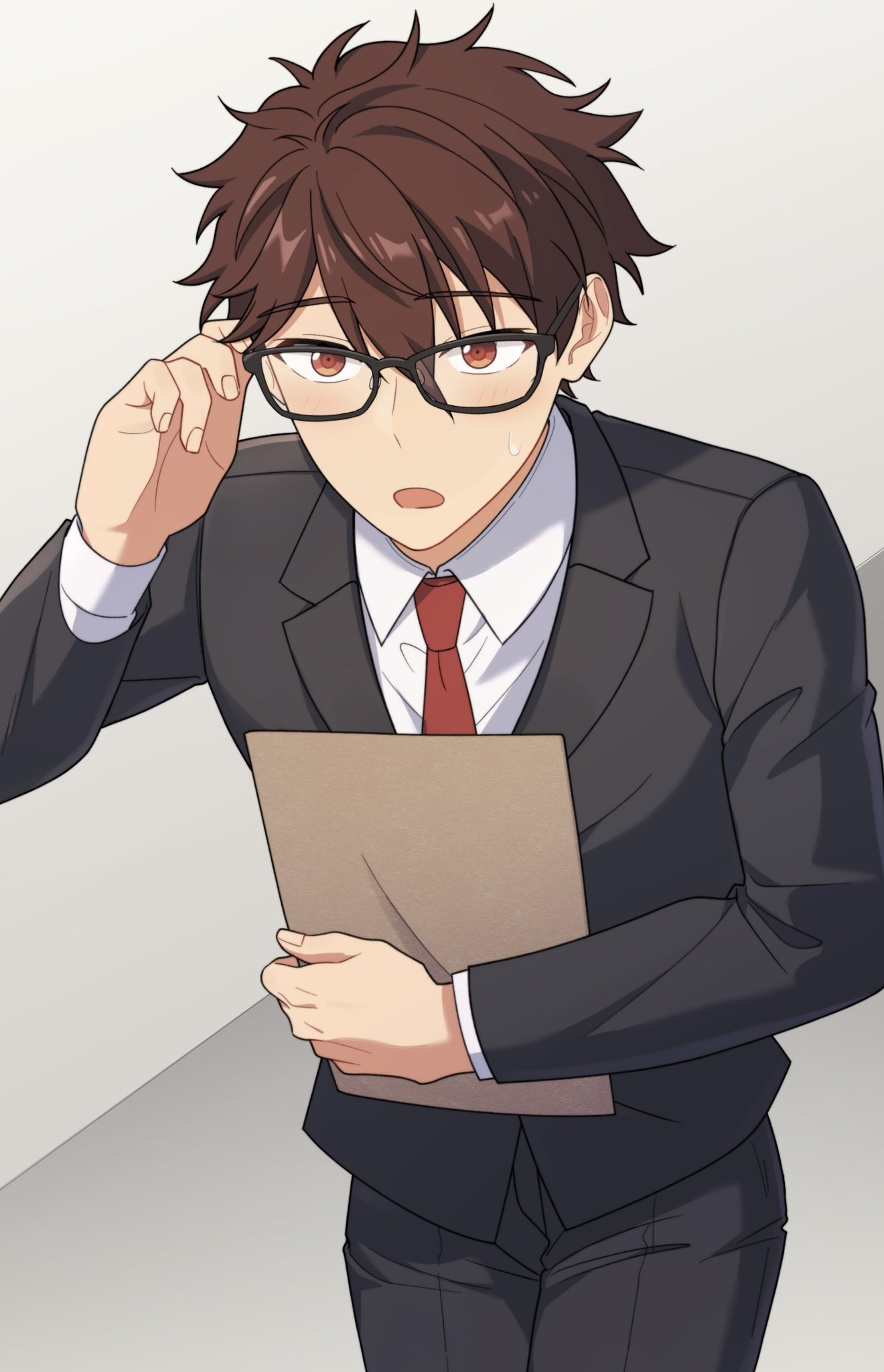 my (highper27), morisawa chiaki, ensemble stars!, commentary request, highres, 1boy, adjusting eyewear, black-framed eyewear, black jacket, blazer, brown eyes, brown hair, collared shirt, cowboy shot, fingernails, jacket, lapels, long sleeves, male focus, necktie, notched lapels, open mouth, red necktie, shirt, short hair, simple background, solo