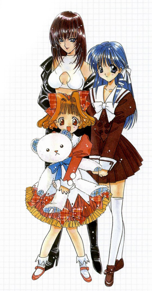 nanase aoi, kurenai kasumi, tachibana urara, teramoto tanpopo, angel flavor, seraphim call, artbook, 1990s (style), 3girls, boots, bow, frills, hair bow, hair ribbon, mary janes, multiple girls, retro artstyle, ribbon, school uniform, serafuku, shoes, socks, stuffed animal, stuffed toy, teddy bear, thighhighs, tress ribbon, white background, zettai ryouiki