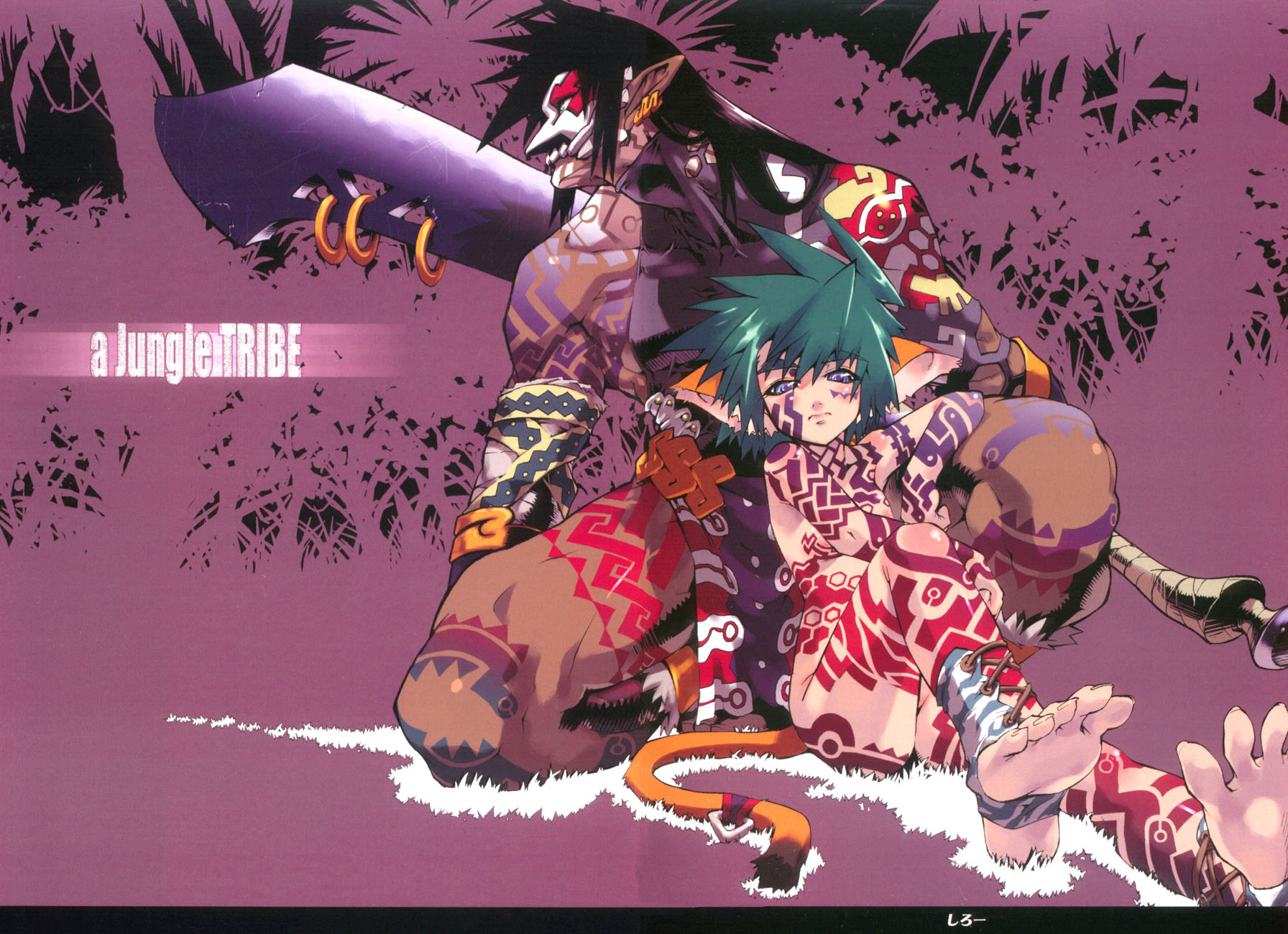 shiruu, cham cham, tamtam (samurai spirits), samurai spirits, snk, highres, 1boy, 1girl, animal ears, barbaric, barefoot, black hair, blue eyes, blush, bodypaint, bracelet, brother and sister, cat ears, cat tail, dark-skinned male, dark skin, english text, flat chest, green eyes, green hair, huge weapon, jewelry, jungle, long hair, machete, mask, maya (culture), mexico, muscular, naked paint, nature, nipples, nude, pointy ears, siblings, size difference, sword, tail, tattoo, weapon