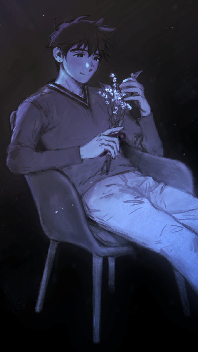 r3dhands, hero (faraway) (omori), hero (omori), omori, commentary, english commentary, highres, 1boy, antenna hair, backlighting, black background, blue theme, bright pupils, chair, closed mouth, cowboy shot, denim, double-parted bangs, film grain, flower, hair between eyes, hand up, holding, holding flower, jeans, light particles, long sleeves, looking at flowers, male focus, monochrome, on chair, pants, shirt, short hair, simple background, sitting, smile, solo, v-neck, very short hair