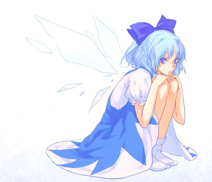 egawa satsuki, cirno, embodiment of scarlet devil, touhou, feet, sitting, socks, wings