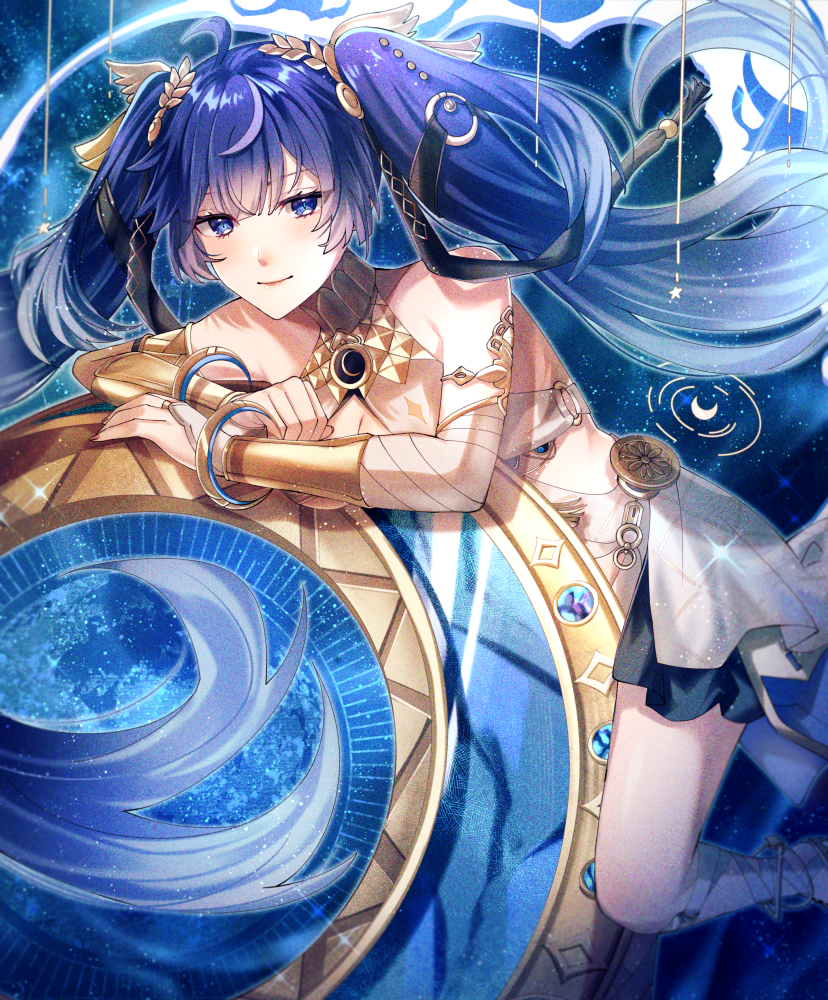 mady (madine08260), iuno (wuthering waves), wuthering waves, commentary, 1girl, ahoge, ancient greek clothes, armlet, bare shoulders, blue eyes, blue hair, breasts, cleavage, closed mouth, greco-roman clothes, hair belt, head wreath, jewelry, long hair, looking at viewer, medium breasts, multicolored hair, smile, solo, streaked hair, very long hair