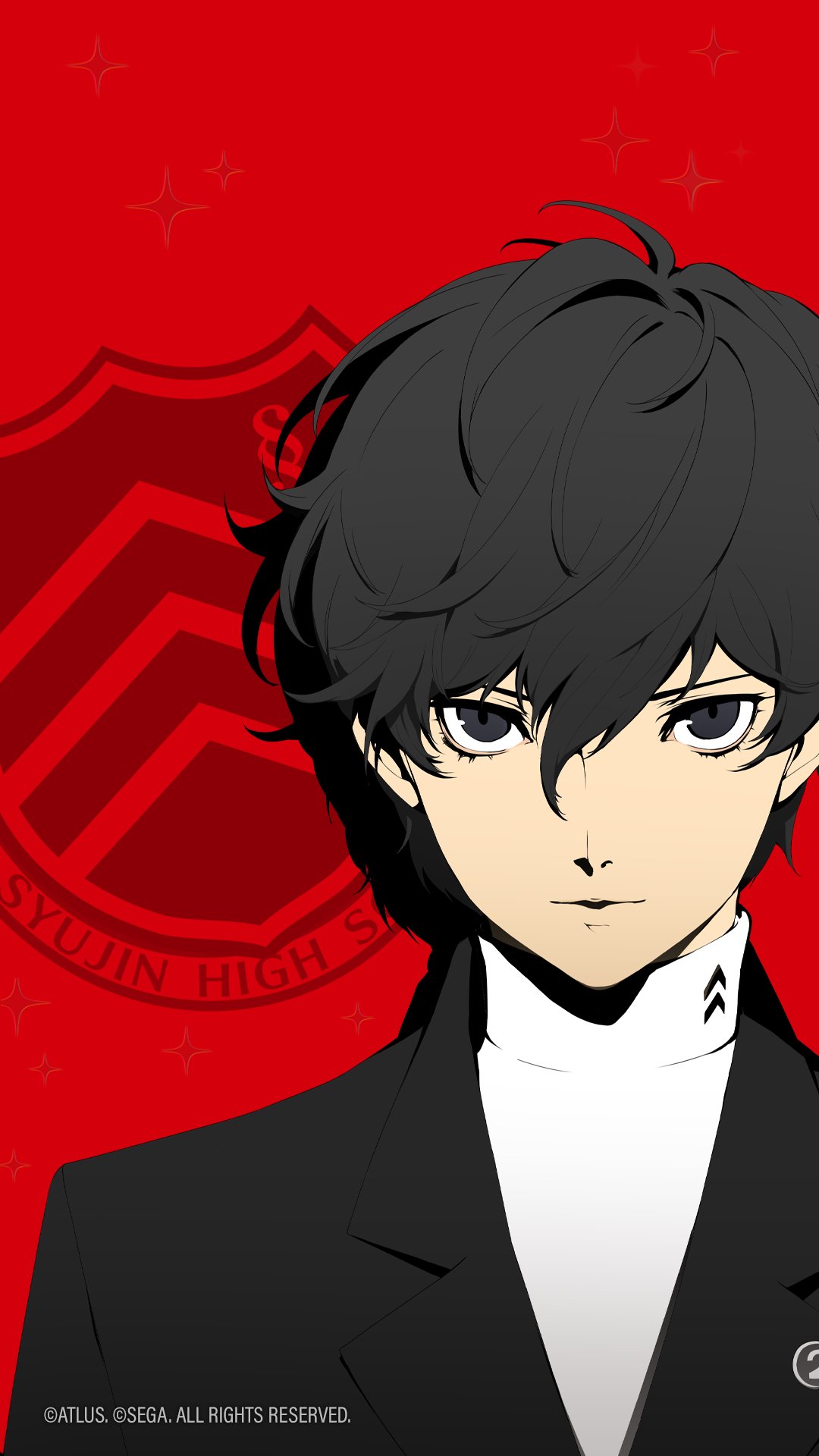 soejima shigenori, amamiya ren, persona, persona 5, highres, official art, 1boy, black eyes, black hair, black jacket, emblem, hair between eyes, jacket, looking at viewer, male focus, messy hair, red background, school uniform, shirt, short hair, shuujin academy school uniform, solo, white shirt
