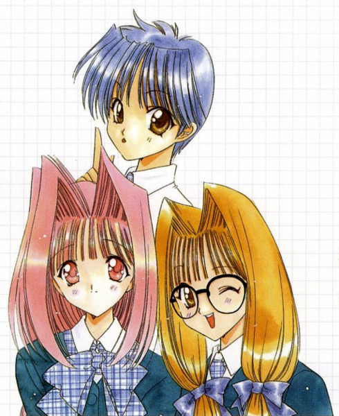 nanase aoi, kusunoki hatsumi, matsumoto kurumi, ouse chinami, angel flavor, seraphim call, artbook, 1990s (style), 3girls, bow, glasses, hair intakes, multiple girls, one eye closed, retro artstyle, round eyewear, school uniform, serafuku, twintails, white background, wink