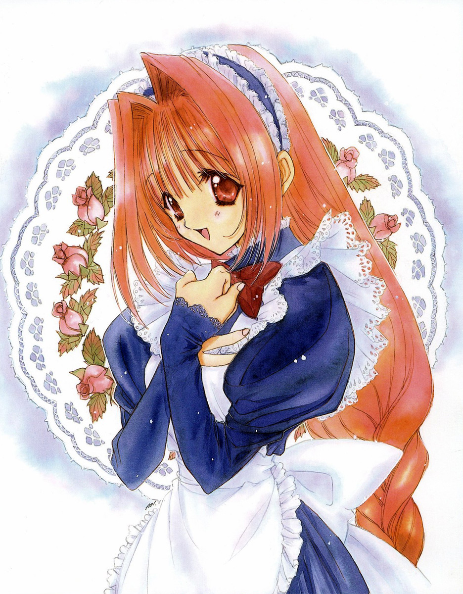 nanase aoi, ouse chinami, angel flavor, seraphim call, artbook, highres, official art, 1990s (style), 1girl, apron, bow, braid, female focus, flower, frills, hairband, maid, maid apron, pink flower, pink rose, retro artstyle, rose, solo