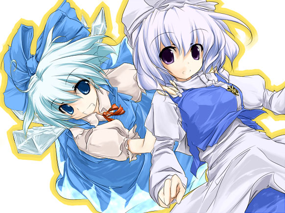 sanoharu, cirno, letty whiterock, touhou, light purple hair, 2girls, apron, black hair, blue bow, blue dress, blue eyes, bow, breasts, dress, female focus, hair bow, hands on another's shoulders, hat, ice, ice wings, juliet sleeves, long sleeves, medium breasts, multiple girls, puffy short sleeves, puffy sleeves, purple eyes, short hair, short sleeves, wings