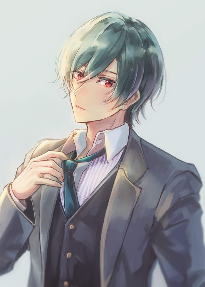 rayu, kirishima ikuya, free!, commentary request, 1boy, adjusting clothes, adjusting necktie, black jacket, collared shirt, colored eyelashes, double-parted bangs, green hair, green necktie, grey background, hand up, jacket, lapels, long sleeves, looking at viewer, male focus, necktie, notched lapels, red eyes, shirt, short hair, simple background, solo, upper body