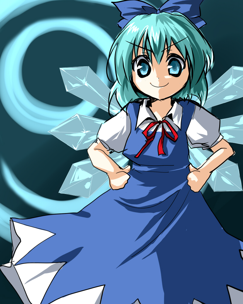 kobanzame, cirno, touhou, >:), 1girl, aqua hair, blue eyes, circled 9, female focus, hands on own hips, short hair, solo, v-shaped eyebrows, wings